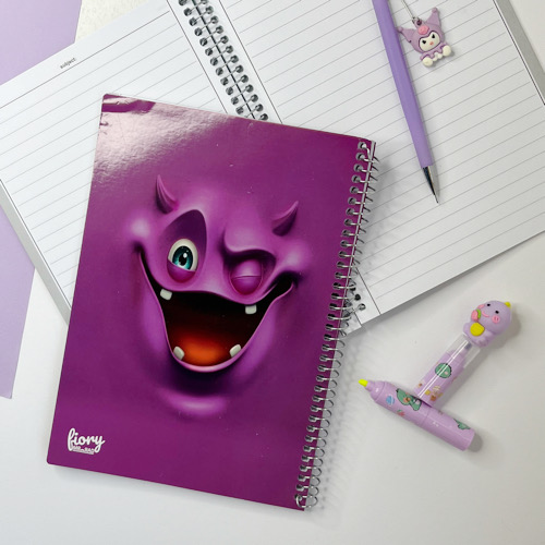 دفتر مشق مستر راد مدل ایموجی طرح Emoji 4 نمای کامل و نمای صفحات داخلی دفتر ۵۰ برگ طرح ایموجی برند مستر راد رنگ بنفش