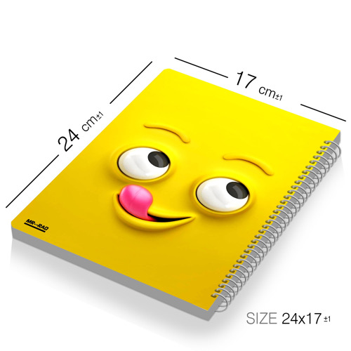 دفتر مشق مستر راد مدل ایموجی طرح Emoji 7 نمای کامل جلد جلو و ابعاد دفتر ۵۰ برگ طرح ایموجی برند مستر راد