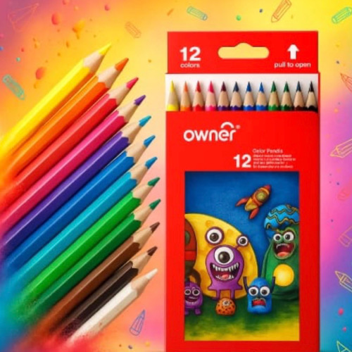 مداد رنگي 12 رنگ اونر Owner 21 تصویر بسته ۱۲ رنگ جعبه مقوایی مداد رنگی اونر با کلوز آپ مداد ها و رنگ نوک مداد