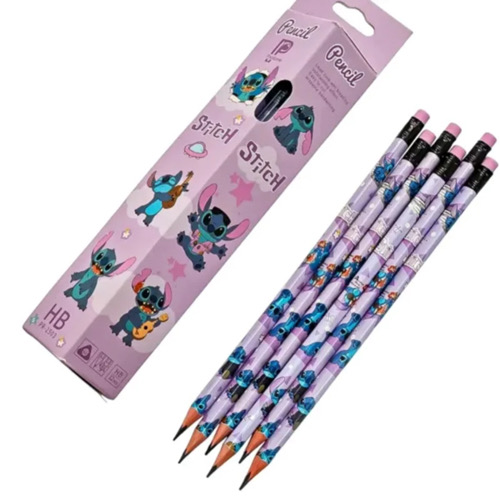 تصویر بدنه مداد و بسته بندی ۱۲ تایی مداد مشکی با طرح استیچ به رنگ بنفش