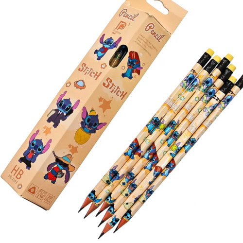 مداد مشكي پرودون طرح استیچStitch 5 تصویر بدنه مداد و بسته بندی ۱۲ تایی مداد مشکی با طرح استیچ به رنگ زرد