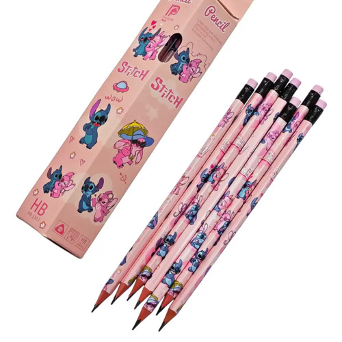 مداد مشكي پرودون طرح استیچStitch 6 تصویر بدنه مداد و بسته بندی ۱۲ تایی مداد مشکی با طرح استیچ به رنگ صورتی