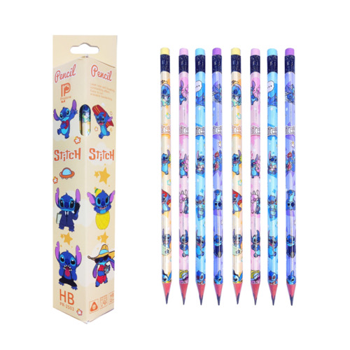 تصویر بدنه مداد و بسته بندی ۱۲ تایی مداد مشکی با طرح استیچ به رنگ زرد